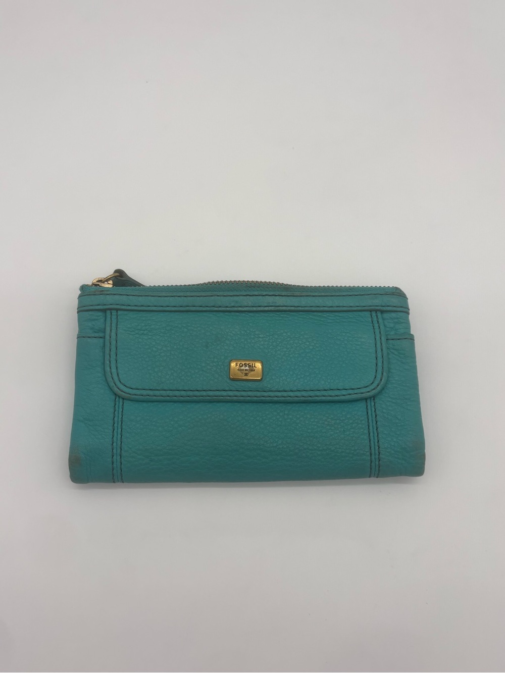 Fossil Teal Leather Zip Around Wallet Wristlet